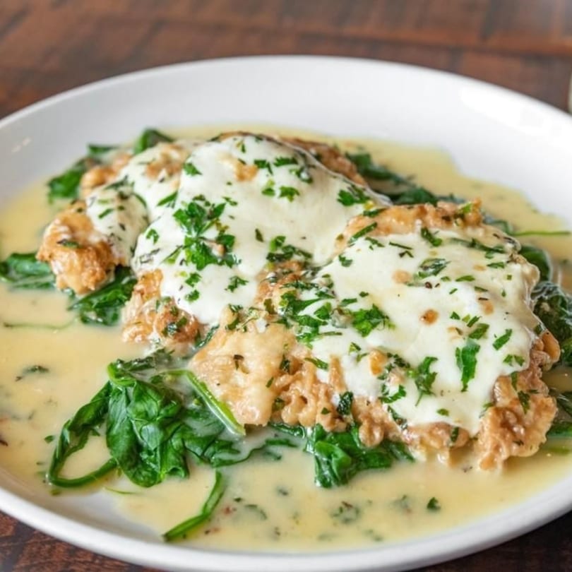 Chicken cutlets with melted cheese and parsley, served over spinach in a creamy sauce.